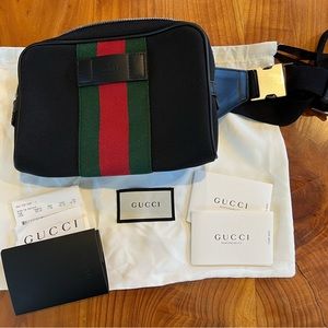Gucci Belt Bag black with red/green trim.  Dust bag, shopping bag/receipt shown.